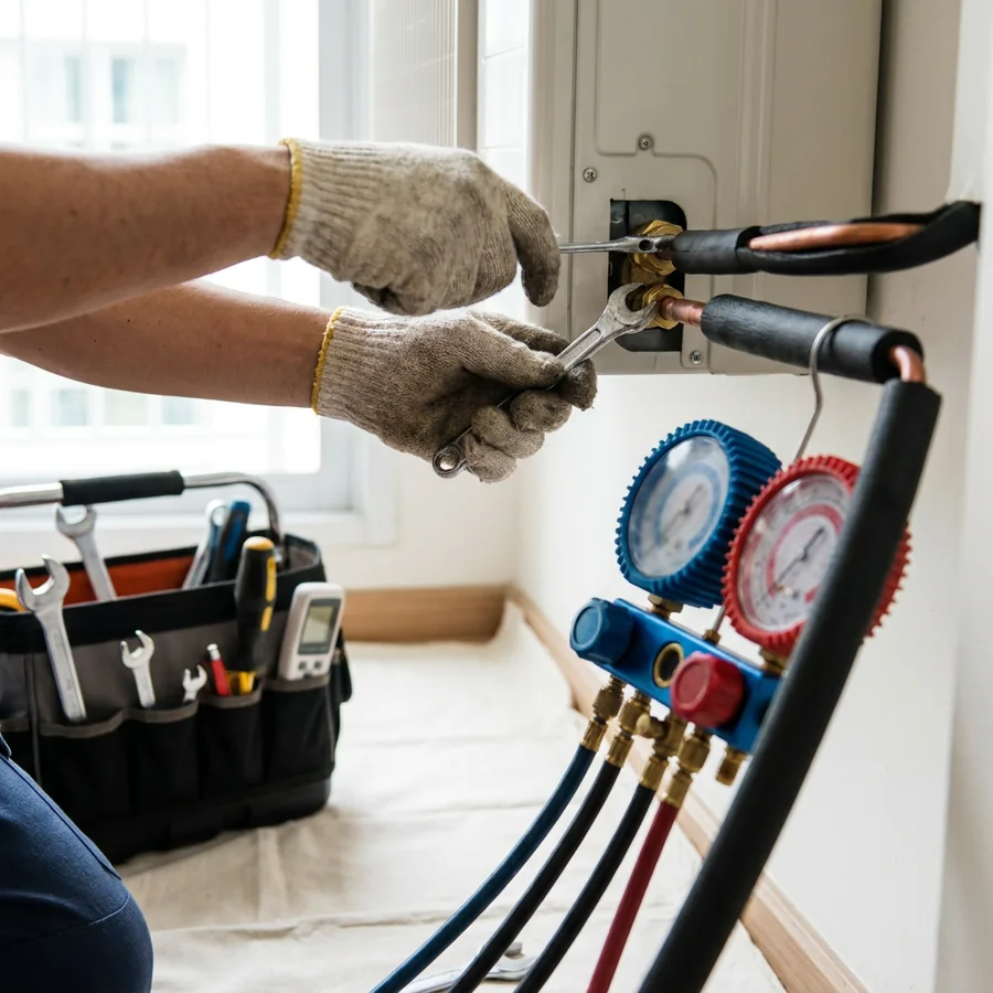 Technician connecting refrigerant pipes and checking pressure with a manifold gauge during an AC install