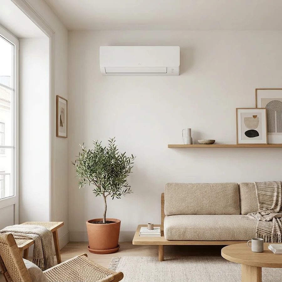 Neatly installed wall-split air conditioner in a modern Lisbon living room